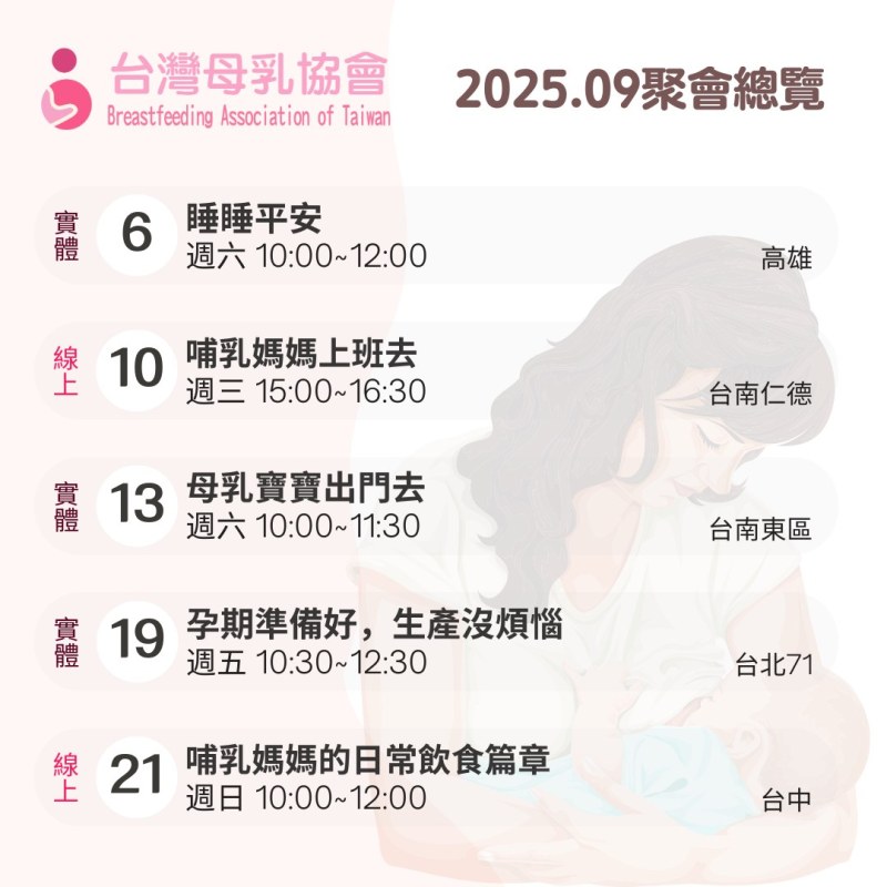 2025年９月份台灣母乳協會各地支持聚會
