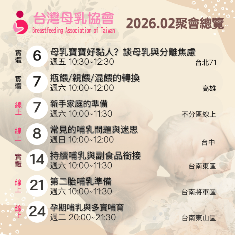 2026年２月份台灣母乳協會各地支持聚會