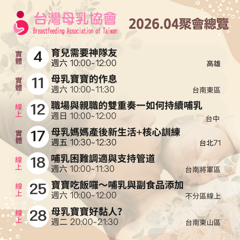 2026年４月份台灣母乳協會各地支持聚會