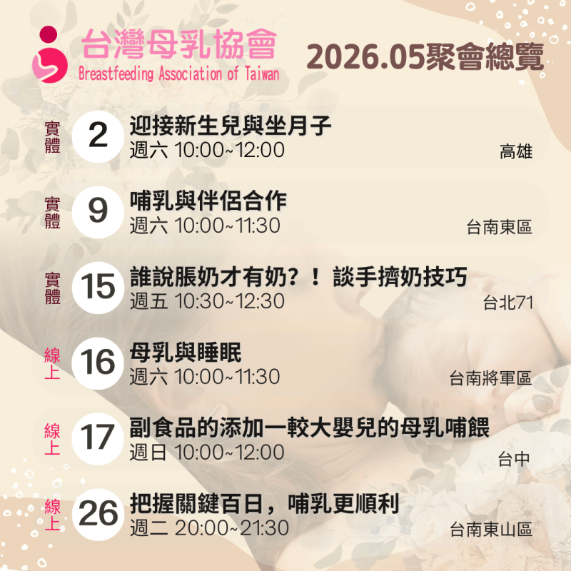 2026年５月份台灣母乳協會各地支持聚會