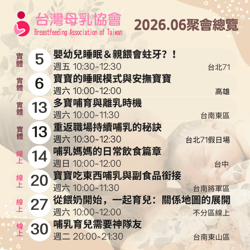 2026年６月份台灣母乳協會各地支持聚會