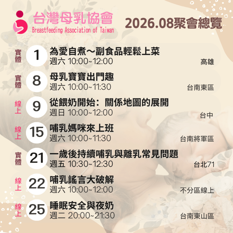 2026年８月份台灣母乳協會各地支持聚會