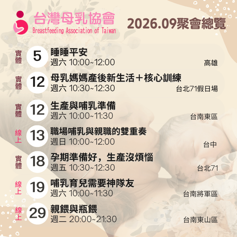 2026年９月份台灣母乳協會各地支持聚會
