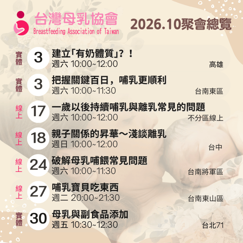 2026年10月份台灣母乳協會各地支持聚會