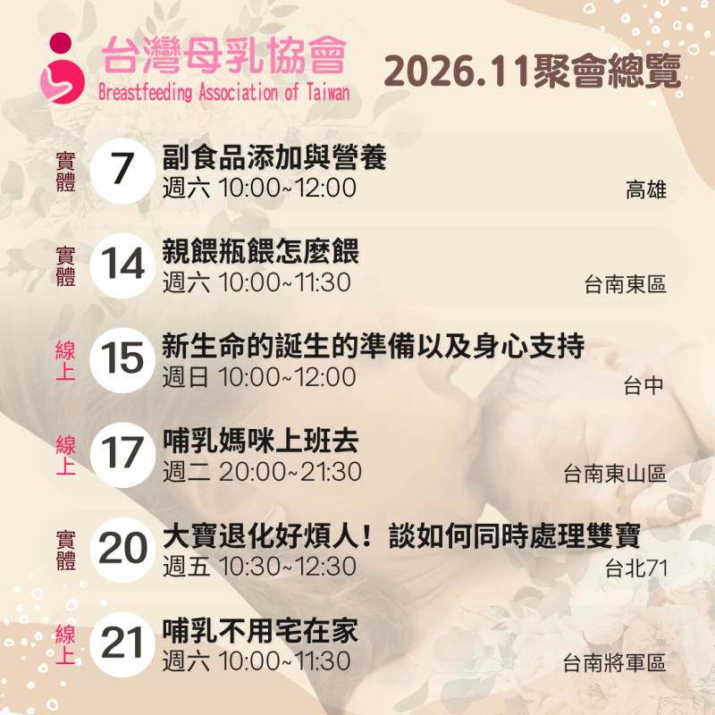 2026年11月份台灣母乳協會各地支持聚會